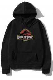Siyah Unisex Jurassic Park Baskılı Tasarım 2 İplik Sweatshirt Hoo - 1