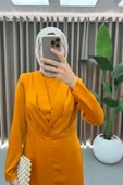 Saten Kumaş Pile Detaylı Tesettür Abiye Elbise - Hardal thumbnail 3