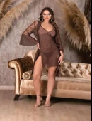 MDB MdbShop Leopar Desenli Transparan Dantel İşlemeli Tül Yırtmaçlı 2li Gecelik Takımı thumbnail 2