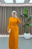 Saten Kumaş Pile Detaylı Tesettür Abiye Elbise - Hardal thumbnail 2