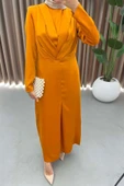 Saten Kumaş Pile Detaylı Tesettür Abiye Elbise - Hardal thumbnail 4