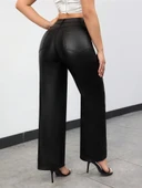 Kadın Yüksek Bel Cepli Deri Pantolon thumbnail 3