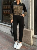 MDB Kadın Uzun Kollu Kapşonlu Leopar Desenli Viskon Iki Iplik Bluz Ve Pantolon Ikili Takım thumbnail 3