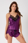 leswear Dantel Detaylı Şortlu Saten Gecelik Takımı thumbnail 2