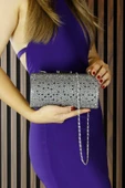 Erkan Saçmacı  Antrasit Saten Damla Kristal Taşlı Metal Saplı Zincirli Abiye El Çantası thumbnail 3