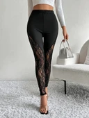 MDB Kadın Yüksek Bel Yanlardan Dantel Detaylı Dalgıç Tayt thumbnail 3