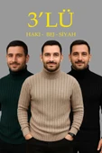 Erkek Fitilli Triko Kazak 3lÜ Set Bej Haki Siyah Regular Balıkcı Yaka Tam Boğazlı Triko Seti Modeli Kazak thumbnail 1