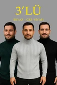 Erkek Fitilli Triko Kazak 3lÜ Set Gri Haki Siyah Regular Balıkcı Yaka Tam Boğazlı Triko Seti Modeli Kazak thumbnail 1