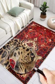 Bordo Etnik Desenli Leopar Figürlü Yıkanabilir Kaymaz Halı  160 x 250 cm Bordo thumbnail 2