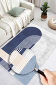 Dijital Baskılı Modern Desenli Kaymaz Taban Yıkanabilir Mavi Halı Mavi 60 x 250 cm thumbnail 3