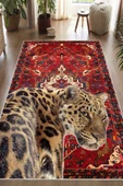 Bordo Etnik Desenli Leopar Figürlü Yıkanabilir Kaymaz Halı  80 x 400 cm Bordo thumbnail 1