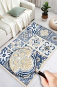 Dijital Baskılı Mavi Çini Desenli Kaymaz Taban Yıkanabilir Halı Mavi 120 x 200 cm thumbnail 3