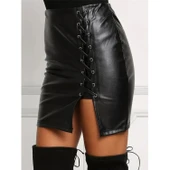 Lucky Life Kadın  Yüksek Bel Yandan çapraz Bağcıklı Yırtmaçlı Mini Deri Etek thumbnail 1