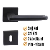 Oda Kapı Kolu Siyah Kare Rozetli Sağa Sola Uygun İç Ev Kapısı Kolları Kilitlenebilir 1 Takım thumbnail 3