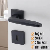 Oda Kapı Kolu Siyah Kare Rozetli Sağa Sola Uygun İç Ev Kapısı Kolları Kilitlenebilir 1 Takım thumbnail 6