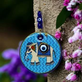 Yaldızlı Fil Modelli Nazar Boncuklu Duvar Süsü Mavi Camlı Duvar Dekoru thumbnail 3