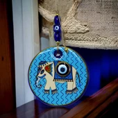 Yaldızlı Fil Modelli Nazar Boncuklu Duvar Süsü Mavi Camlı Duvar Dekoru thumbnail 1