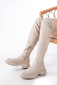 812-2194 Bej Fermuarlı Diz Üstü Bağcıklı Çorap Günlük Kadın Çizme thumbnail 5