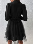 MDB Kadın Uzun Kollu Yakalı Belinde Kemer Detaylı Mini Tüllü Ithal Krep Elbise thumbnail 3