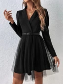 MDB Kadın Uzun Kollu Yakalı Belinde Kemer Detaylı Mini Tüllü Ithal Krep Elbise thumbnail 1