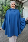 Düğme Detaylı Şık Tasarımlı Mavi Şal Yaka Panço thumbnail 1