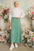 Zarif Ve Modern Pileli Parlak Krep Gizli Lastikli Mint Etek thumbnail 4