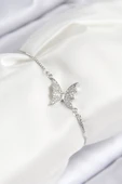 Pirinç Zirkon Taşlı Kelebek Model Gümüş Renk Asansörlü Kadın Bileklik thumbnail 1
