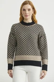 Yarım Balıkçı Renk Motifli Triko Kazak - Siyah thumbnail 1