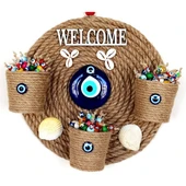 Üç Saksılı Welcome Yazılı Deniz Kabuklu Nazar Boncuklu Hasır Kapı Süsü thumbnail 3