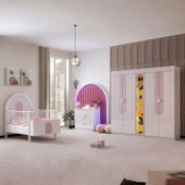 Venüs Çocuk Odası Takımı, Venüs Büyüyen Beşik, Vira 4 Kapaklı Kitaplıklı Dolap, Şifonyer - Pembe thumbnail 1
