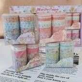 Vintage Washi Tape Bant Baskılı Yapışkanlı Maskeleme Kağıdı 45D Desenli Bant 10'lu - Yeşil Yapraklar thumbnail 5