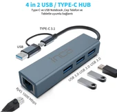 Inca IUTP-03TX Ethernet Usb 3.0+Type-C 3.1 Grişli 000 Mbps 3X3.1Usb Eternet-Çoklayıcı thumbnail 2