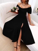 MDB Kadın Kısa Kollu Kare Yakalı Yırtmaçlı Midi Janjan Krep Elbise thumbnail 1