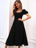 MDB Kadın Kısa Kollu Kare Yakalı Yırtmaçlı Midi Janjan Krep Elbise thumbnail 4