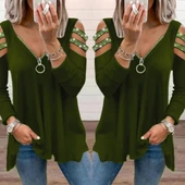 MDB Kadın Haki Kolları Taş Işlemeli Uzun Kol Fermuarlı Viskon Bluz thumbnail 3