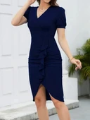 MDB Kadın Kısa Kollu V Yakalı önden Fırfırlı Ithal Krep Elbise thumbnail 3