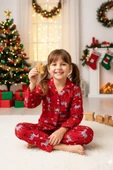 Kız Çocuk Pat Yakalı-Baskılı ve Düğme Kapamalı-%100 Pamuk Süet Pijama Takımı 12443 thumbnail 1