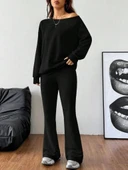 MDB Kadın Uzun Kollu Tek Omuzdan Açık Iki Iplik Bluz Ve Pantolon Ikili Takım thumbnail 2