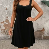 MDB Kadın Dantel Askılı Kare Yakalı Uzun Viskon Elbise thumbnail 2