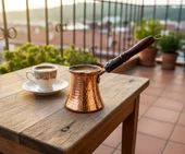 SÖZEN İşlemeli Ahşap Saplı El Yapımı Dekoratif Bakır Cezve thumbnail 3