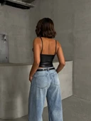 İp askılı yandan fermuarlı rastale deri crop siyah thumbnail 6