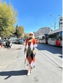 Uzun hırka içi elbise ikili triko takım ekose baklava desen haki kırmızı thumbnail 2