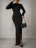 Yırtmaçlı jakarlı uzun elbise siyah thumbnail 3