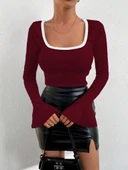 Kare yaka garni detay ispanyol kol bluz bordo thumbnail 2