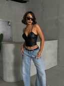 İp askılı yandan fermuarlı rastale deri crop siyah thumbnail 5