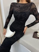 Kayık Yaka Siyah Tül Midi Elbise thumbnail 2