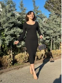 V yaka Uzun kollu midi boy elbise siyah thumbnail 4