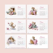 2026 Sevimli Yavru Kedili Masa Takvimi | Doğal Ahşap Tabanlı Takvim | Pastel Pembe Kedi illüstrasyonlu Takvim thumbnail 3