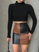 Damalı deri etek siyah kahve w24648 thumbnail 5