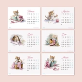 2026 Sevimli Yavru Kedili Masa Takvimi | Doğal Ahşap Tabanlı Takvim | Pastel Pembe Kedi illüstrasyonlu Takvim thumbnail 4